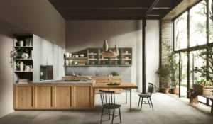 Cucina con penisola in finitura rovere modello Palio con vetrine verdi