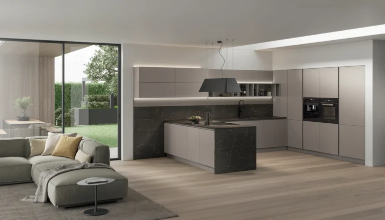 Cucina ad angolo con penisola Stosa Color Trend 03 in laccato opaco Arena fresato, laccato opaco Salina, top Ecotone Sienna
