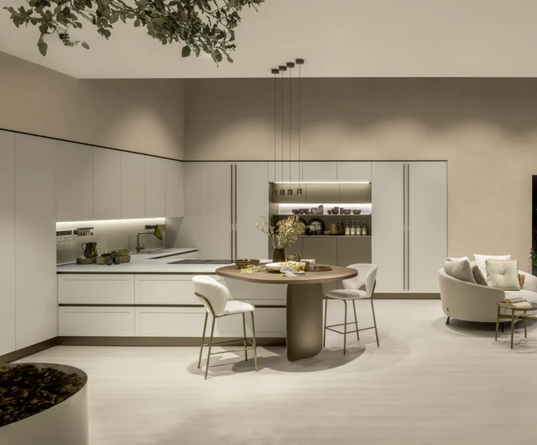 Cucina ad angolo con penisola Stosa Infinity 01 in pet Cachemere opaco, Pet Copper Brown, Noce Mud, top laminato Carrara