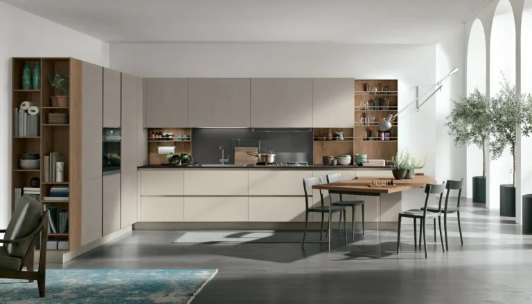 Cucina ad angolo con penisola Stosa Infinity 11 in termo strutturato Rovere Nodato, laminato Cemento Visone, Pet opaco Cachemere, top Fenix Grigio Aragona