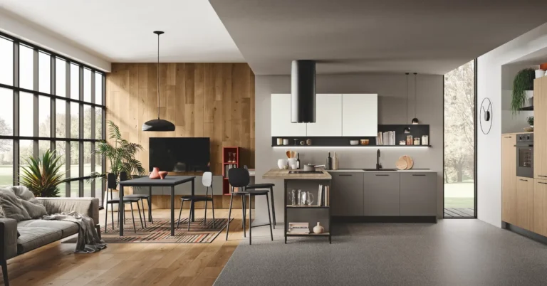 Cucina ad angolo con penisola Stosa Kaya 03 in termo strutturato Tropea, nobilitato opaco Smoke Grey e Bianco Soft, top Petra, piano snack Rovere Primitivo