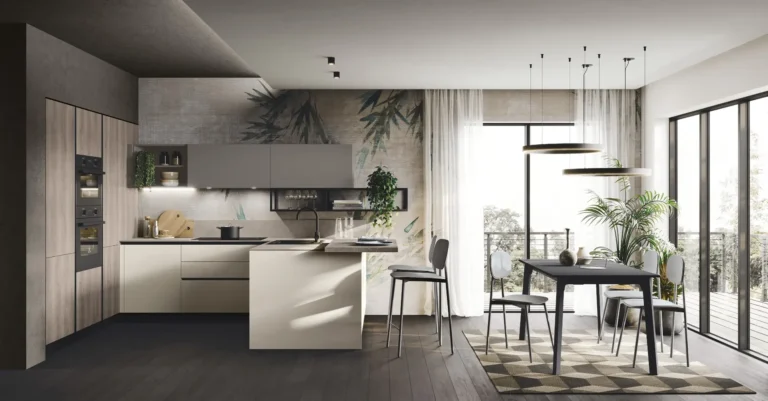 Cucina ad angolo con penisola Stosa Kaya 05 in termo strutturato Cordoba, nobilitato opaco Conchiglia e Smoke Grey