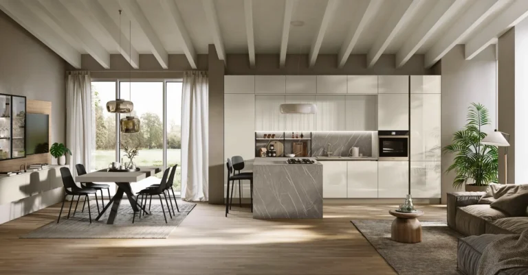 Cucina ad angolo con penisola Stosa Lumia 01 in laccato lucido Milk White, laccato opaco Milk White con decoro Traccia, top e schienale Pulipis Light