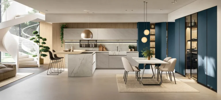 Cucina ad angolo con penisola Stosa Metropolis 06 in fenix Blu Shaba, termo strutturato Rovere Sole, laminato materico Malta Cenere, top HPL marmo venato