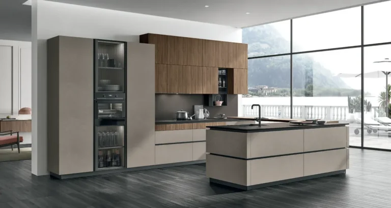 Cucina ad angolo con penisola Stosa Metropolis 20 in laminato materico Cemento Visone, termo strutturato Noce Eucalipto, top Fenix Cacao Orinoco