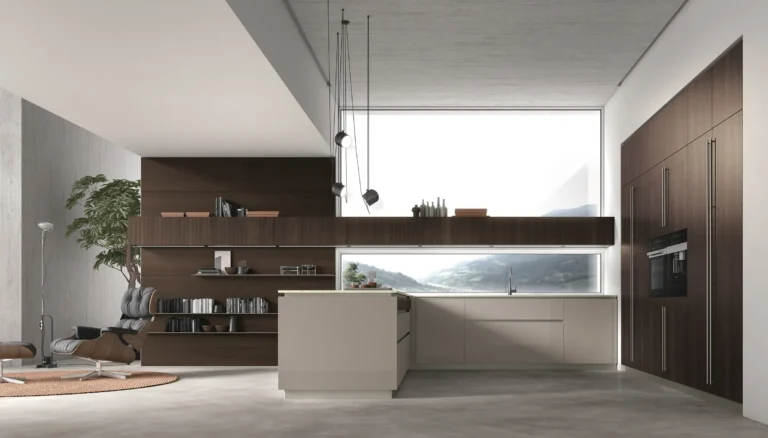 Cucina ad angolo con penisola Stosa Natural 04 in impiallacciato Rovere Termocotto, laccato lucido Arena, top Neolith Shilin