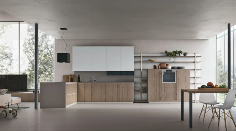 Cucina ad angolo con penisola Stosa Natural 10 in impiallacciato Rovere Sahara, laccato opaco Frost, top quarzite Silver