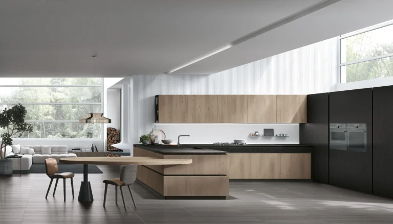 Cucina ad angolo con penisola Stosa Natural 12 in impiallacciato Rovere Sahara, Neolith Basalt Black