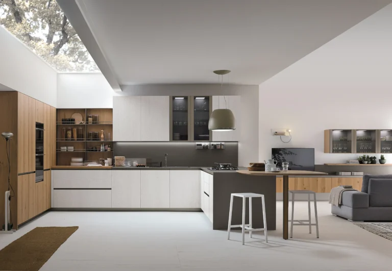 Cucina ad angolo con penisola Stosa Natural 13 in impiallacciato Rovere Bianco e Rovere Miele, Neolith Cement