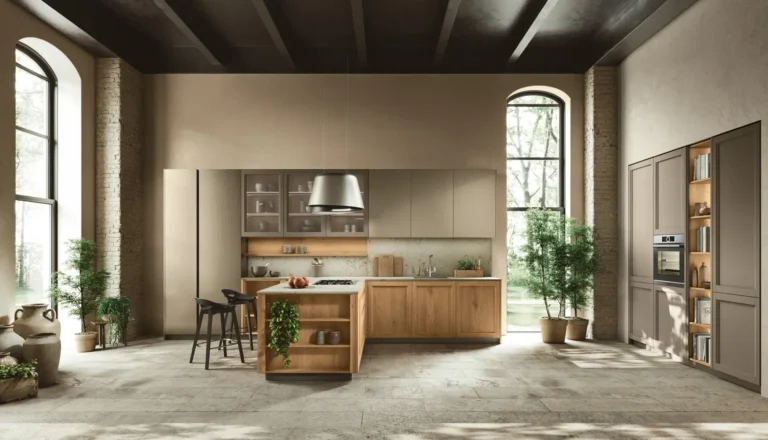 Cucina ad angolo con penisola Stosa Palio 02 in laccato opaco Grigio Piacenza, Rovere Tufo, Pet Acciaio Metal, top quarzo Imperial Caramel