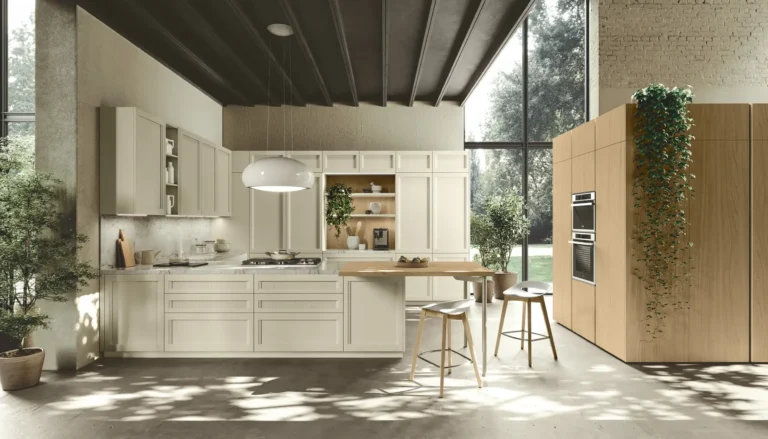 Cucina ad angolo con penisola Stosa Palio 03 in laccato opaco Burro, termo strutturato Rovere Sole, top Neolith Himalaya Crystal