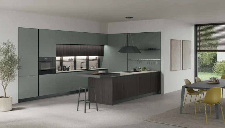 Cucina con penisola Stosa Young 04 in termo strutturato Rovere Moka, laminato Giada, top Sapienstone Light Grey