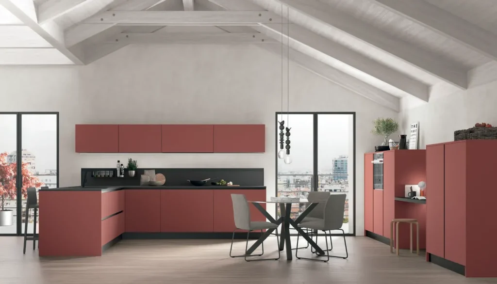 Cucina ad angolo con penisola Stosa Young 10 in Corallo, Fenix Nero Ingo